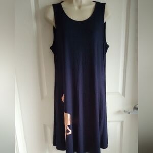CUPIO Sleeveless Gold Flamingo Print Knit Dress with 2 Side Pockets, Navy